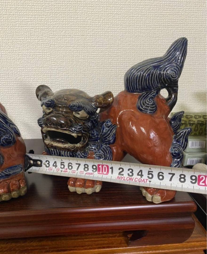 琉球 沖縄　壺屋焼赤絵　陶器獅子威嚇 魔除け　シーサ置物作家物 2點セット希少品