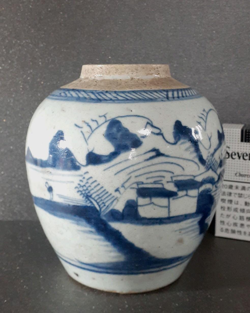 中国古美術　中国古陶磁器　古玩　清朝民窯　青花　山水図　茶壺　茶罐　茶道具