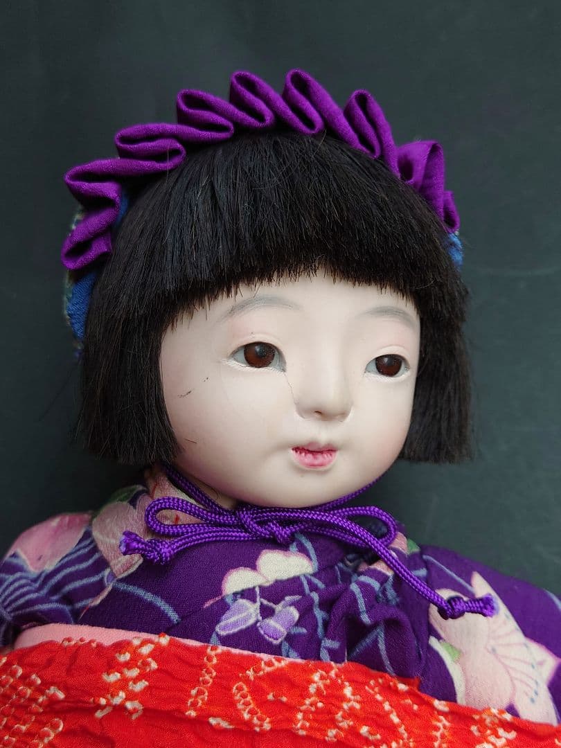 樫村瑞観　自由人形　市松人形　32cmくらい　着物+被布+お帽子