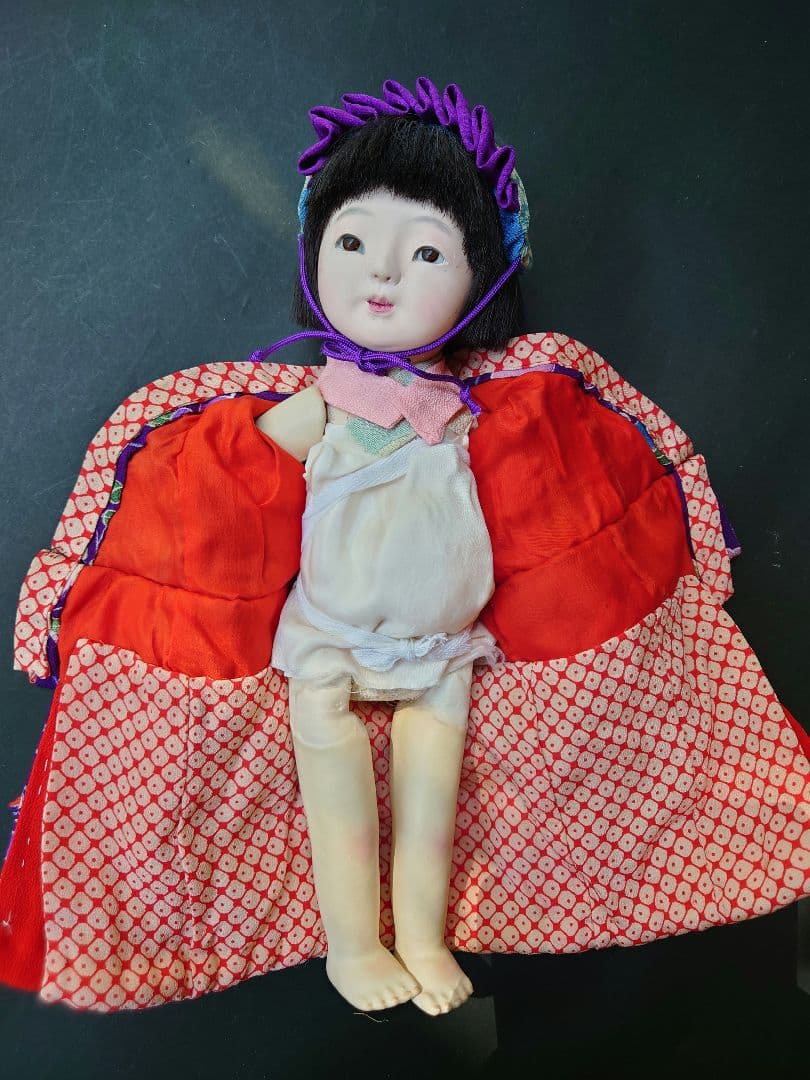 樫村瑞観　自由人形　市松人形　32cmくらい　着物+被布+お帽子