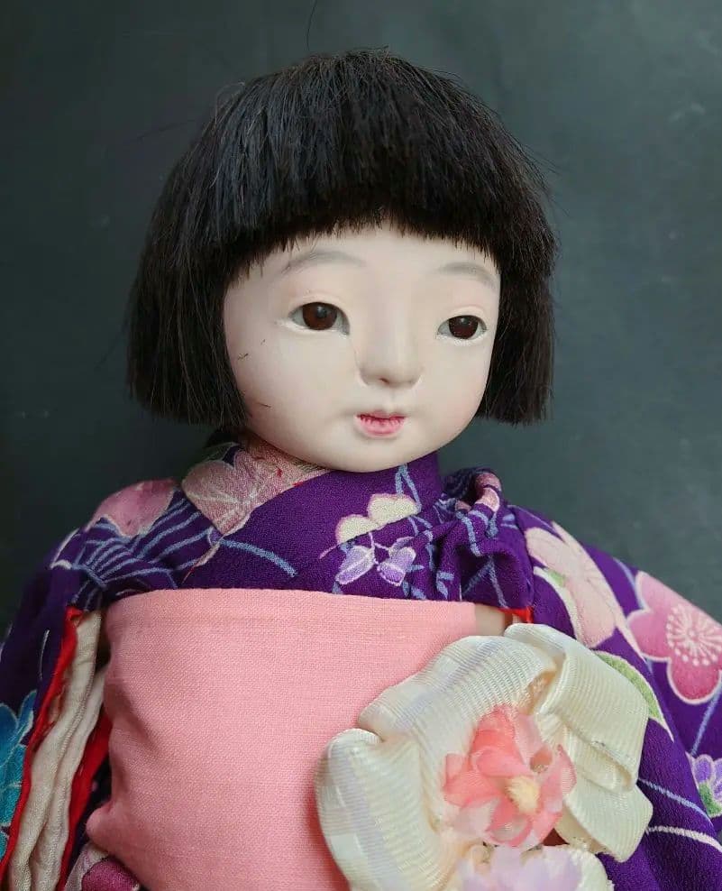 樫村瑞観　自由人形　市松人形　32cmくらい　着物+被布+お帽子