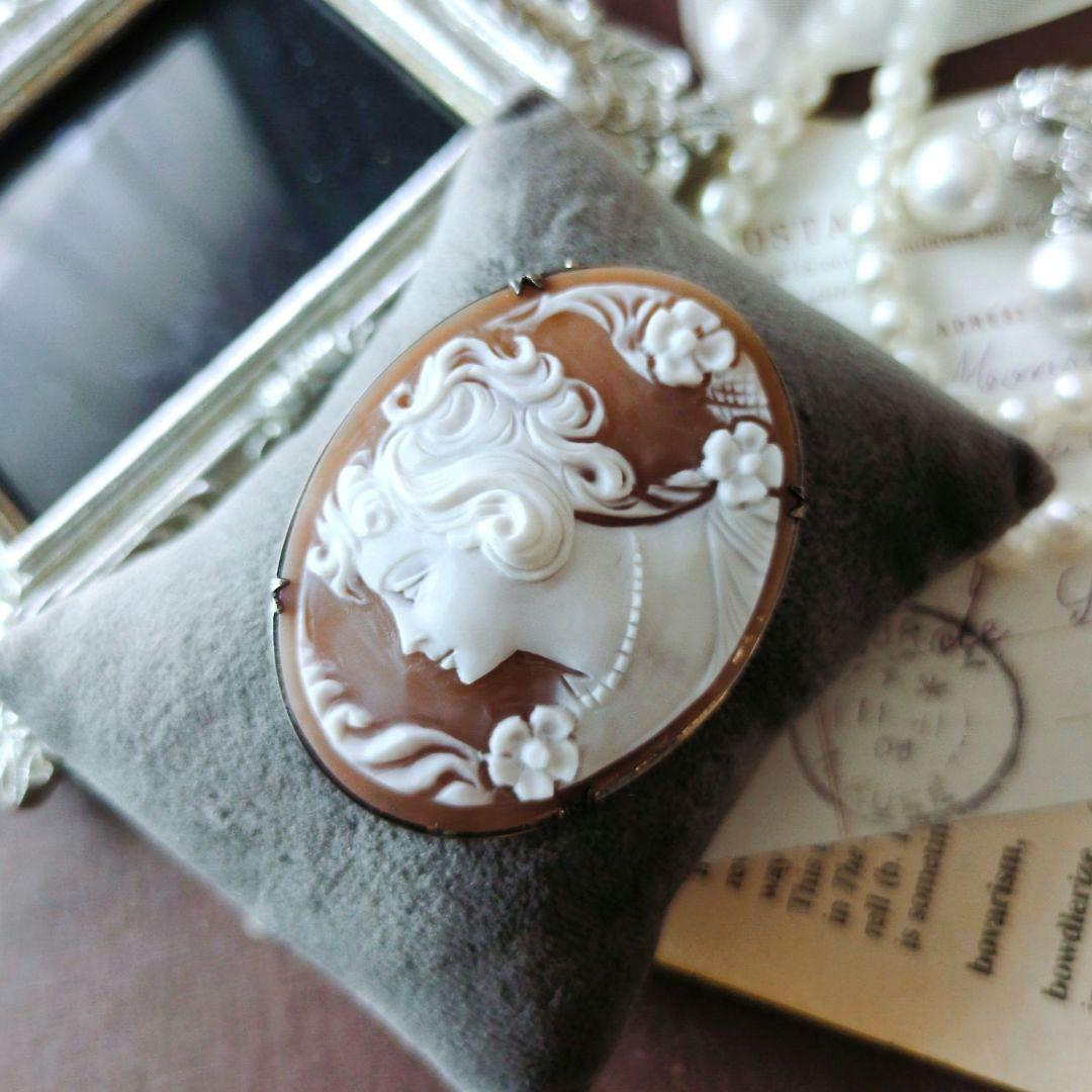 ITALY SILVER900 シェルカメオブローチ 貴婦人 楕円形 ペンダント