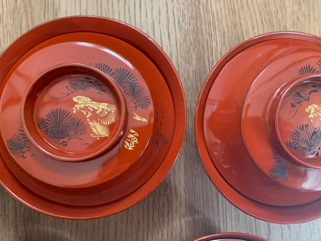 輪島塗　朱沈金蒔絵吸物椀10客　時代物　木製うるし塗　羽反　アンティーク