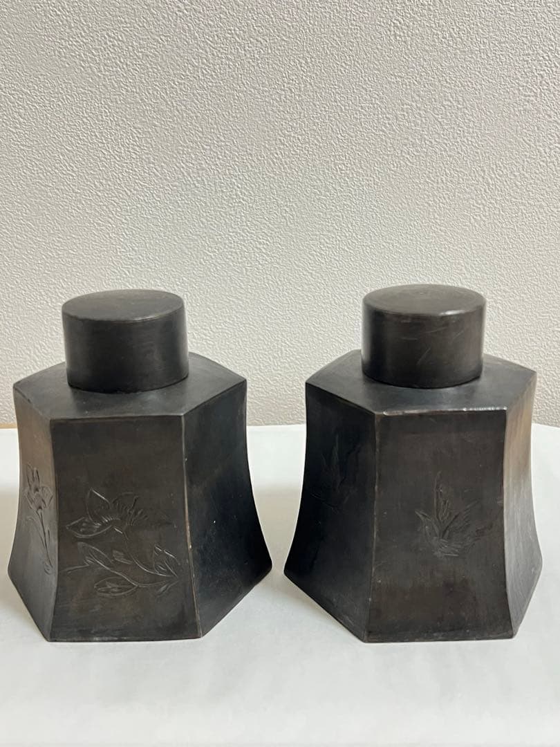 時代物 唐物 在銘 点銅 錫 茶心壺 茶入一対 煎茶道具 旧家蔵出