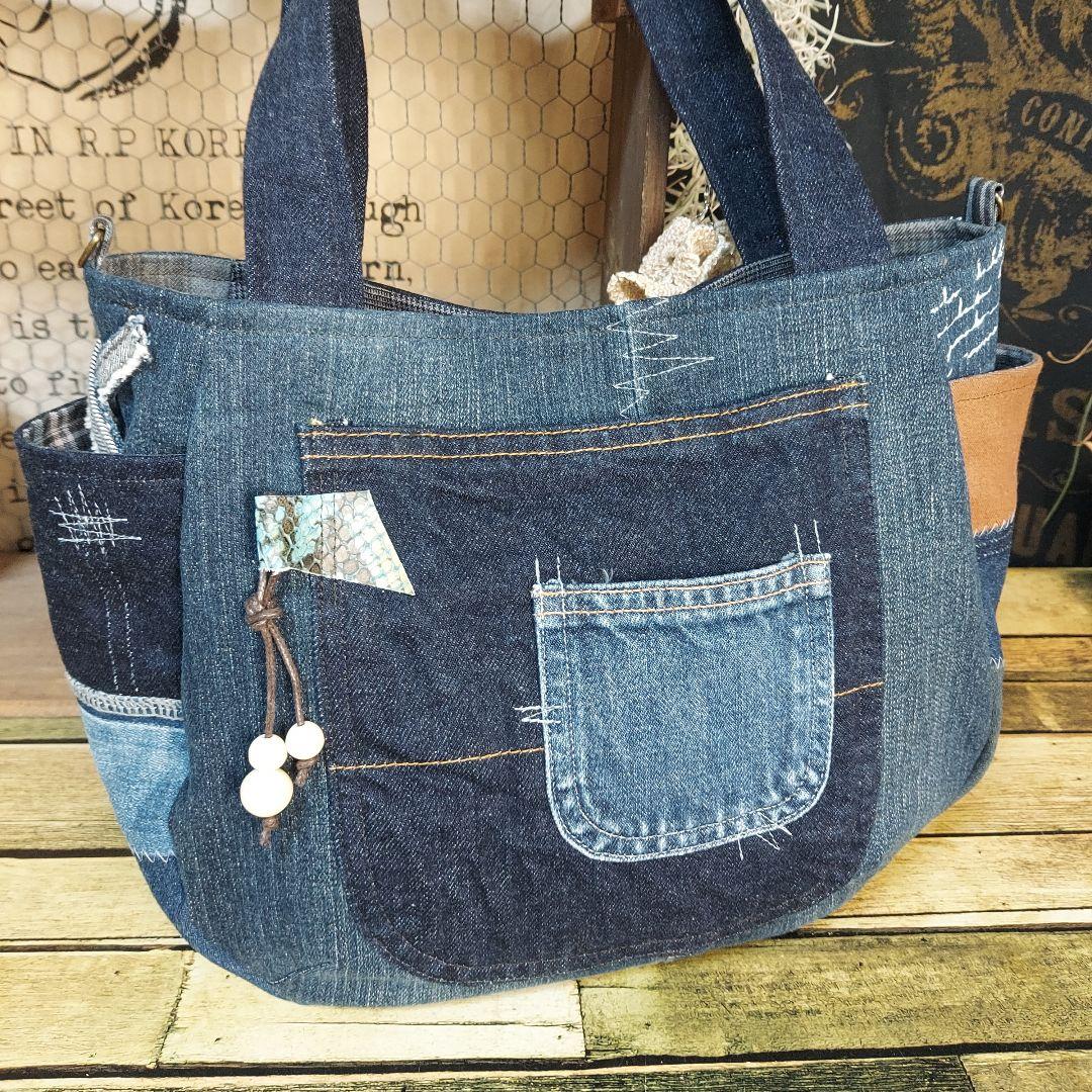 刺繍デニムバック　No.663　デニムリメイク　刺繍バック　丸いバック