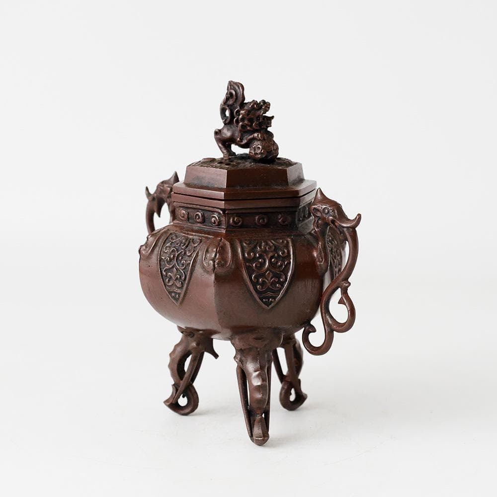 瑞峰堂 栄翠作 御下賜品 六角象耳菖蒲文 銅製香炉 十六菊金象嵌 共箱 黄布 栞