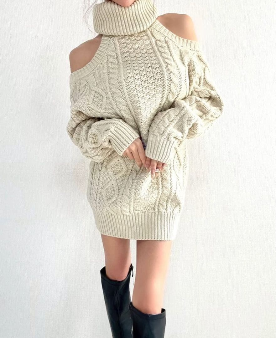 オフショルダー ニットミニワンピース タートルニット GYDA Rady