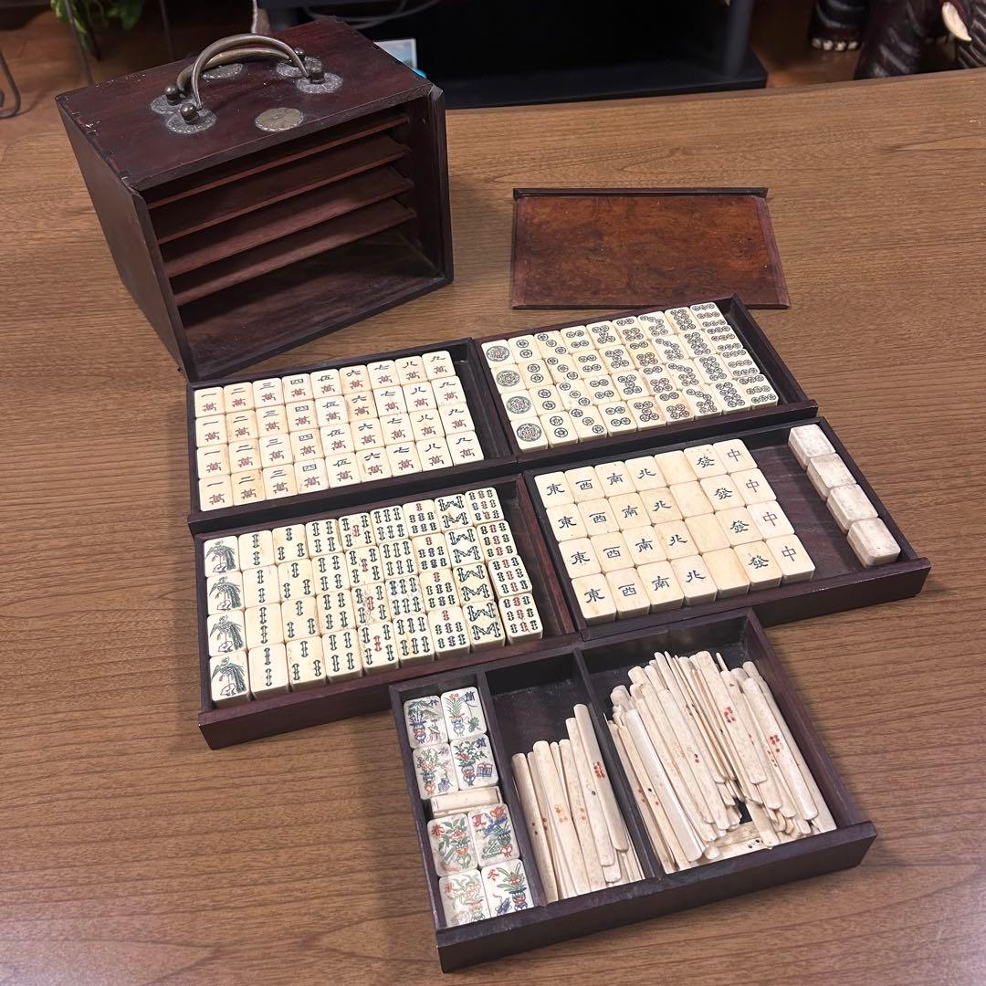 【背竹牌】唐木箱付き麻雀牌 アンティーク 骨牌 骨董 中国 当時物