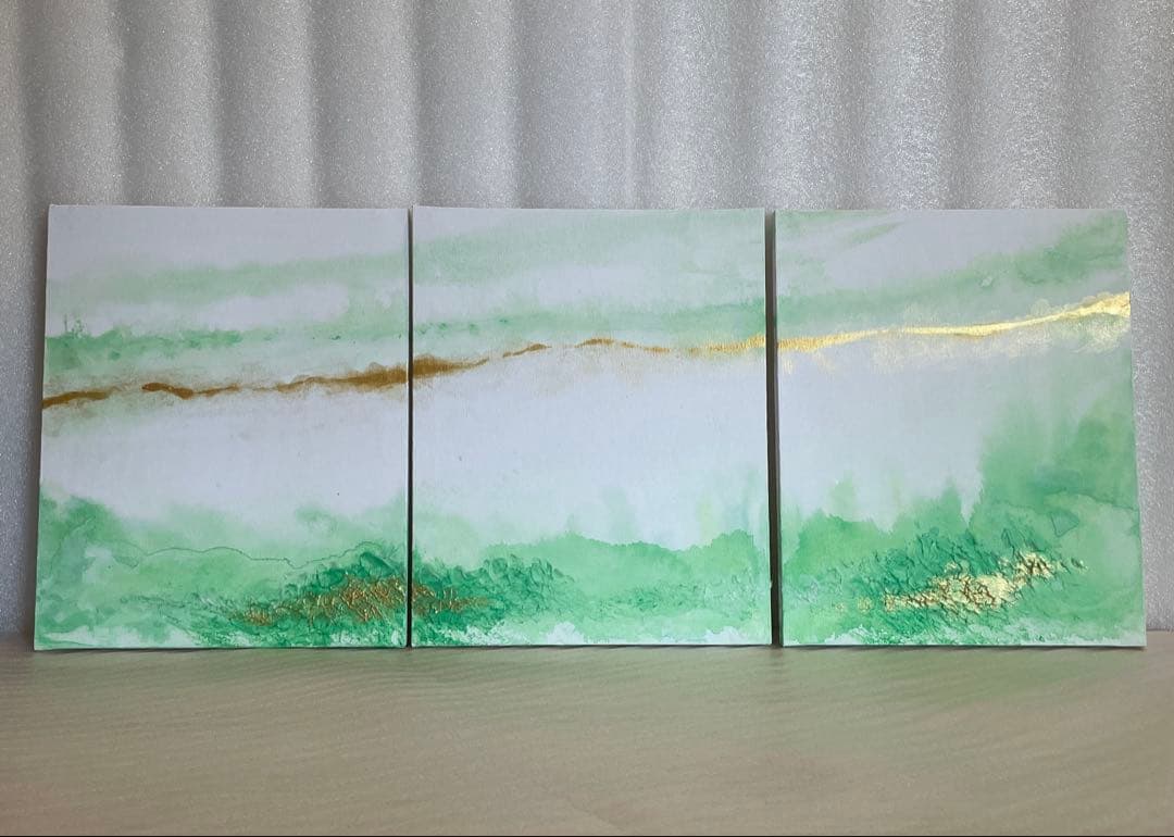 緑の抽象画｜現代アート　絵画　インテリア　ナチュラル　アートパネル　金　壁掛け