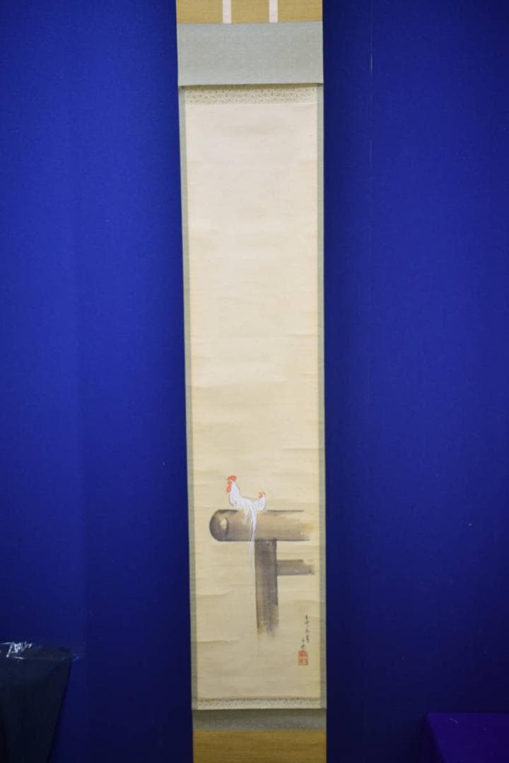 真作/林文塘/暁聲図/尾長鳥図/杉共箱付/布袋屋掛軸HH-235