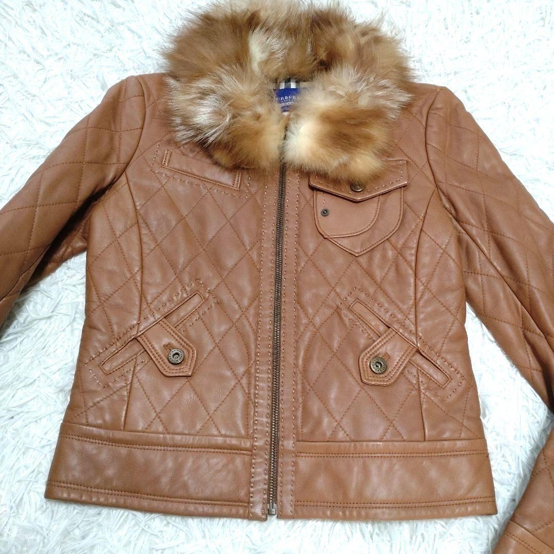 極美品　バーバリーブルーレーベル　ラムレザー　ノバチェック　フォックスファー