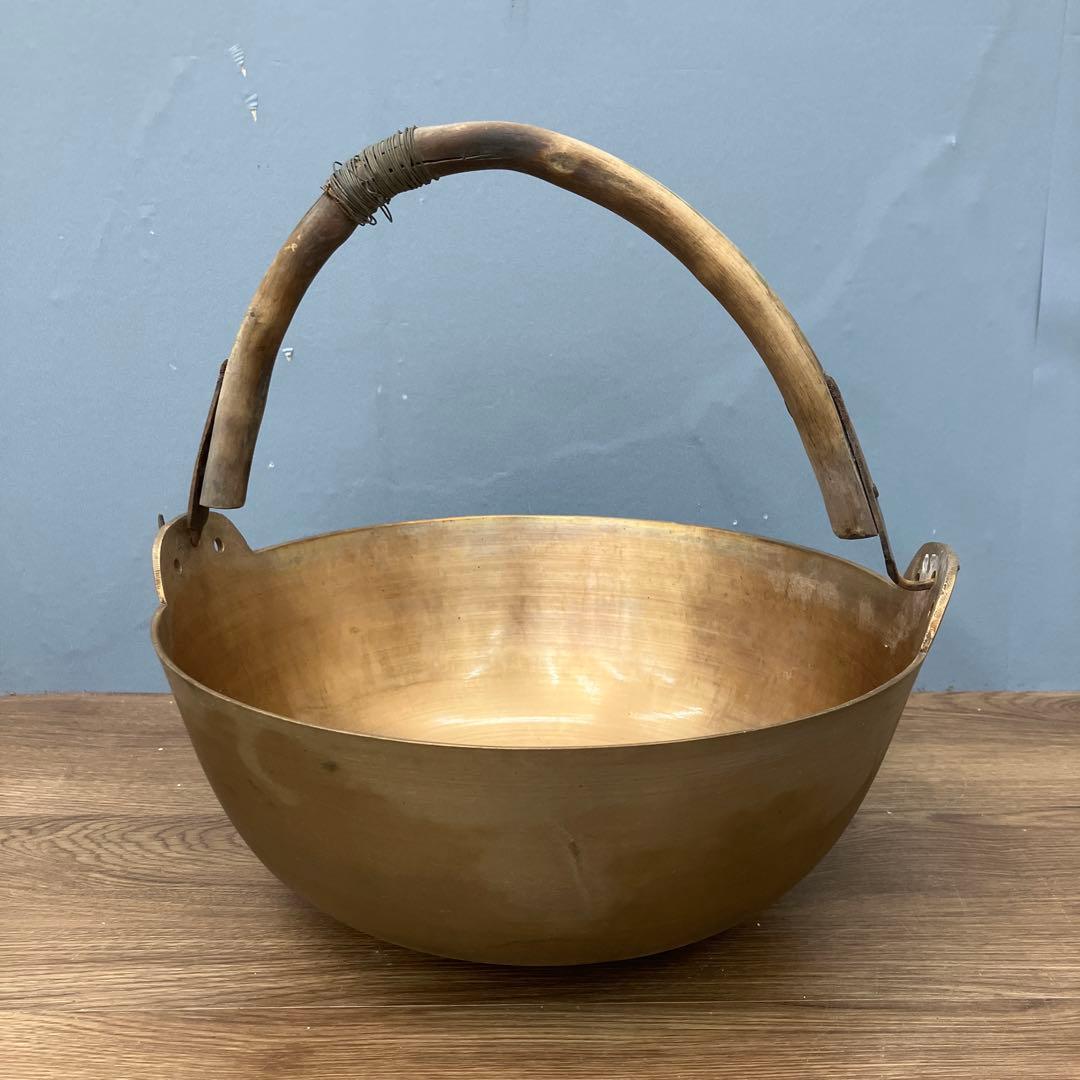 E-2 ヴィンテージ 真鍮製 持ち手付きボウル 天然木ハンドル 菓子器 古道具