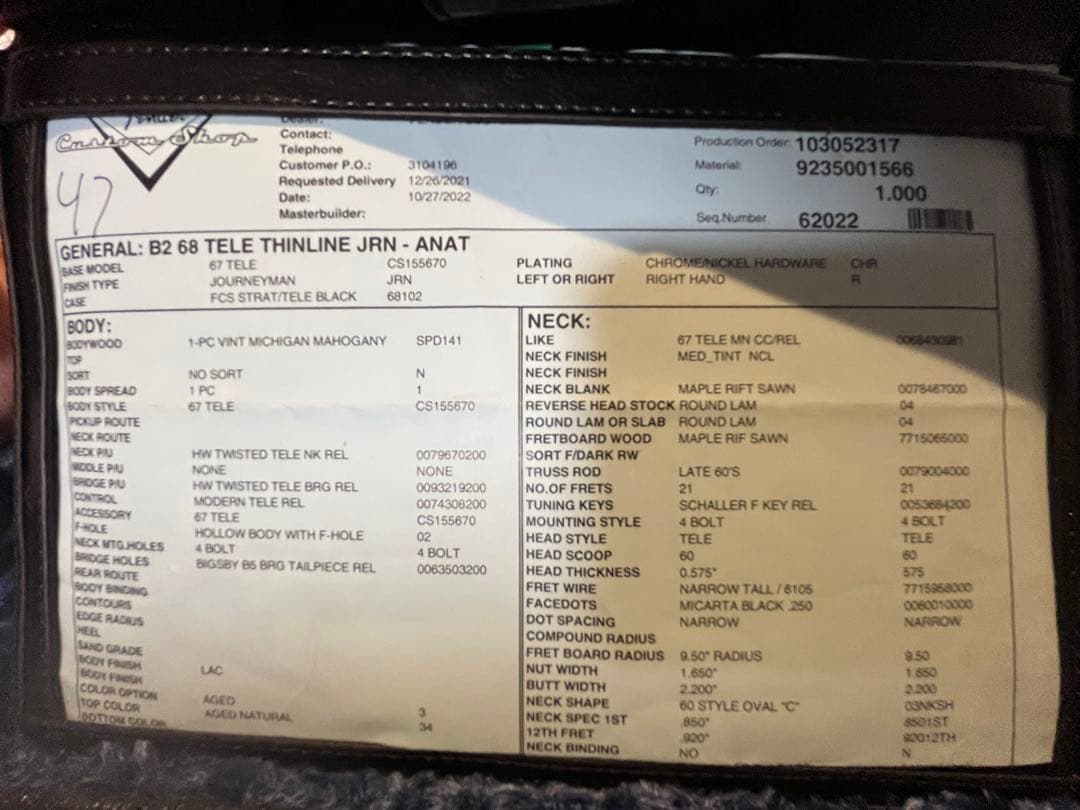 【ホンマホ】fender custom shop 68 thinline