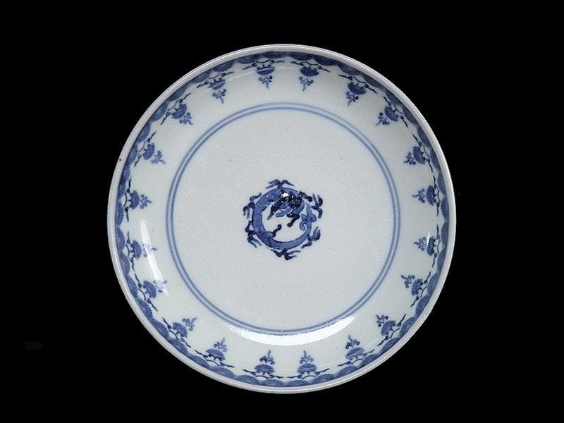 古伊万里　染付　型刷り印判　団龍紋に瓔珞紋の図　４寸半皿　D648AS-CBd