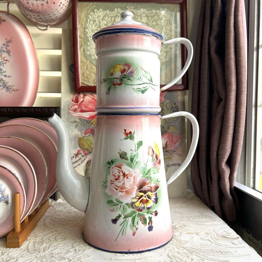 フランスアンティーク　Pink japy ホーローポット