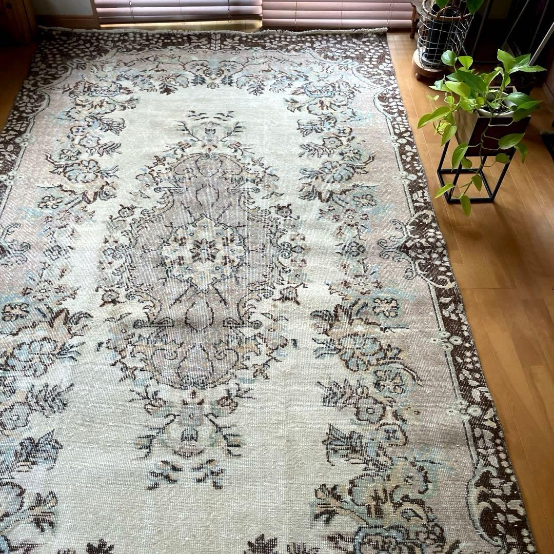 超大判170×292 フローラルメダリオン　グレージュ　トルコヴィンテージラグ