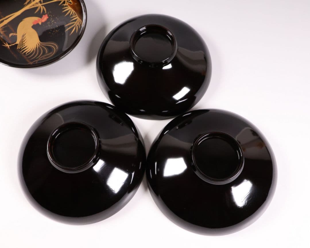 【CM353】時代蒔絵椀 竹に鶏金蒔絵 平椀三客 木製 /(検) 輪島塗加賀能登