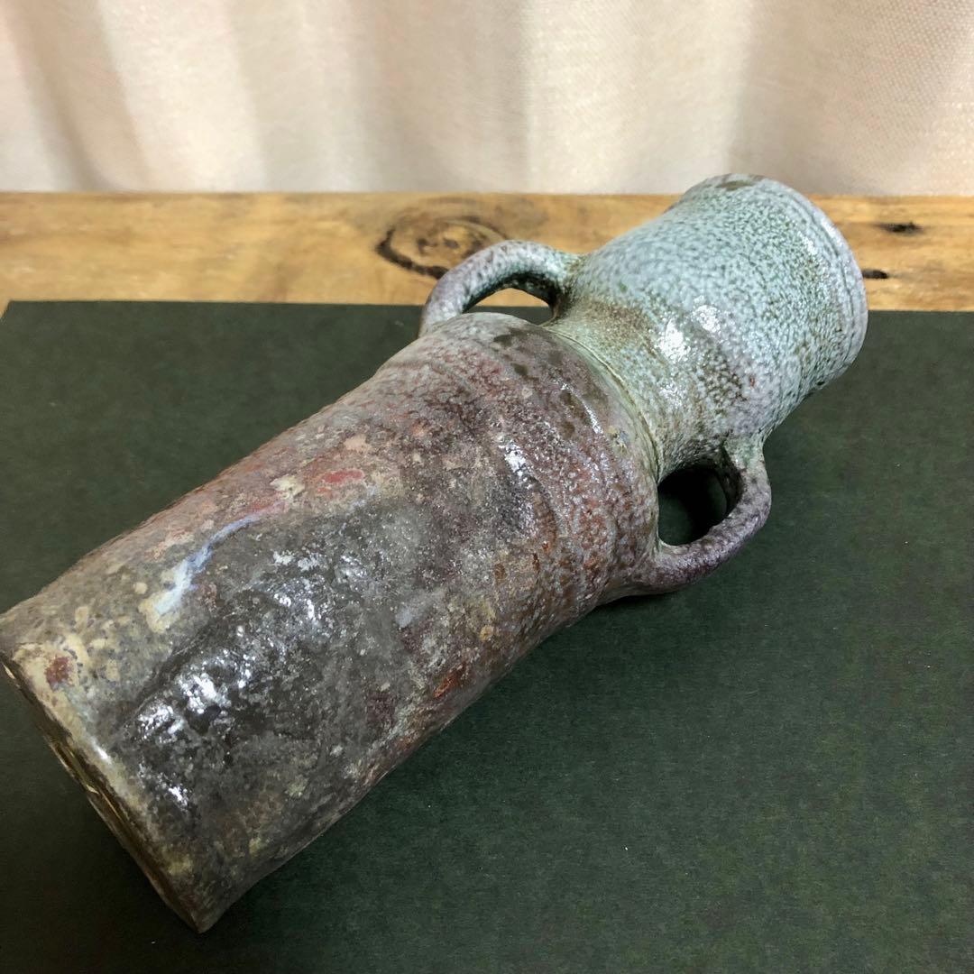 佐久知炎仙 秘色南蛮花器 茶道具 共箱 耳付花入