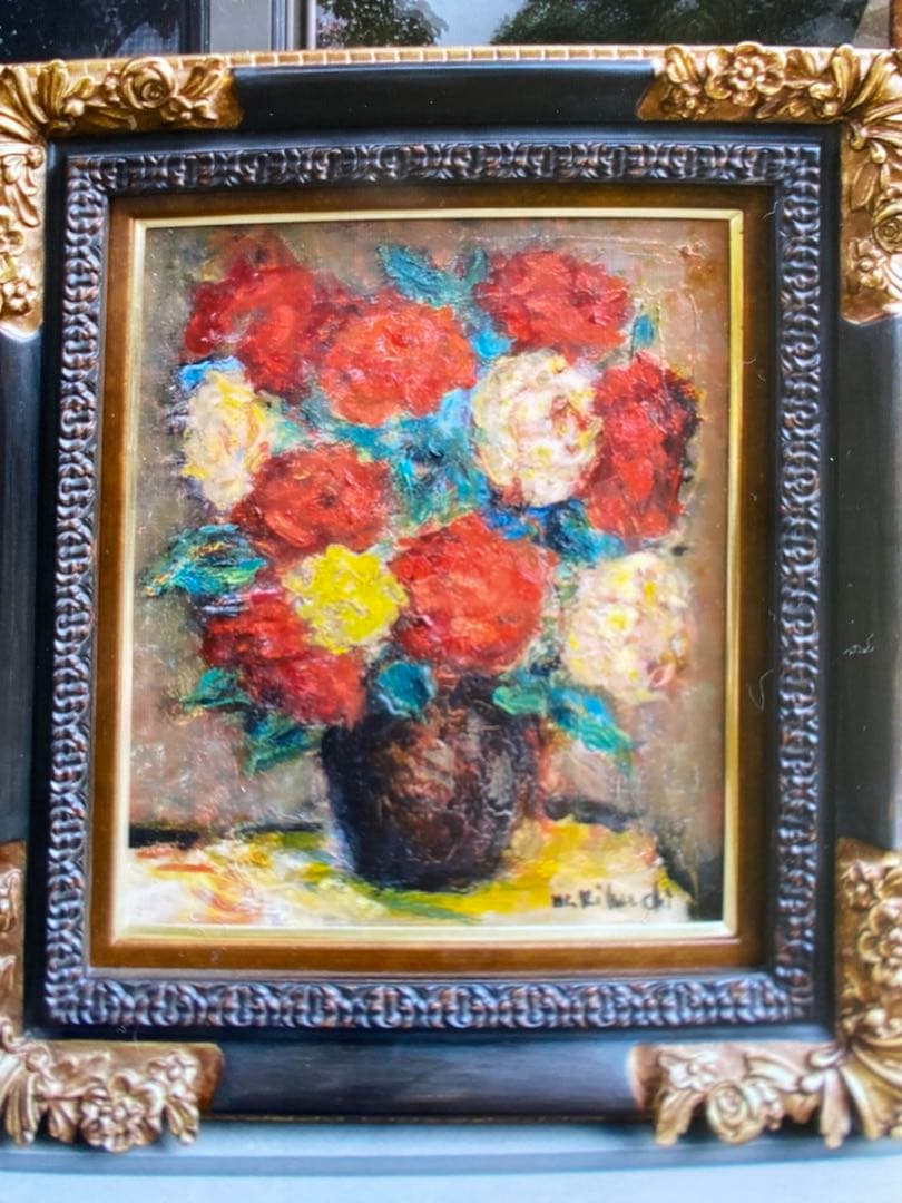 絵画　油彩画　油絵　F8 「2色のバラ」パリ　菊地正則　豪華　美品　額付き