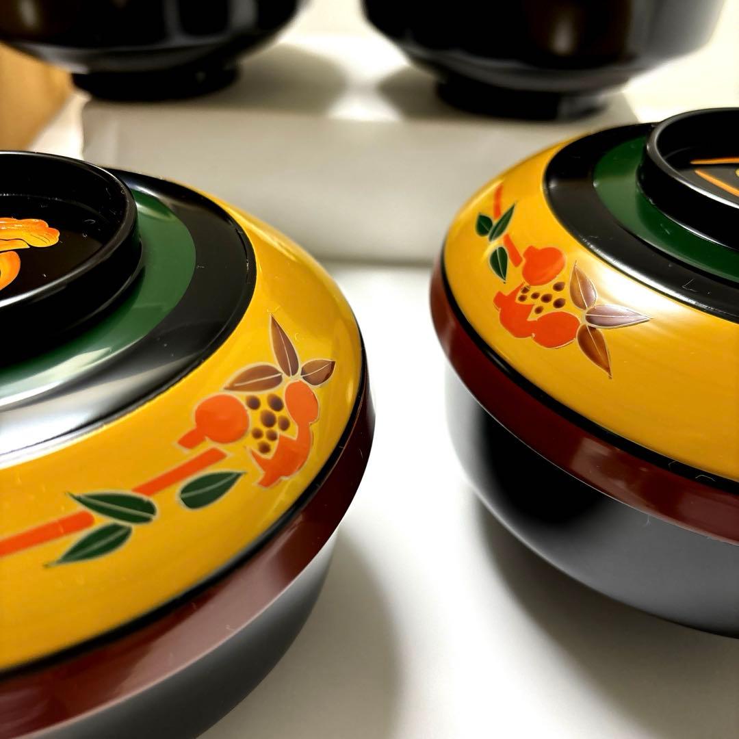 木製漆器　山人艸果蒔絵　煮物椀　山中塗　蓋付煮物椀五客揃い　アンティーク高級漆器