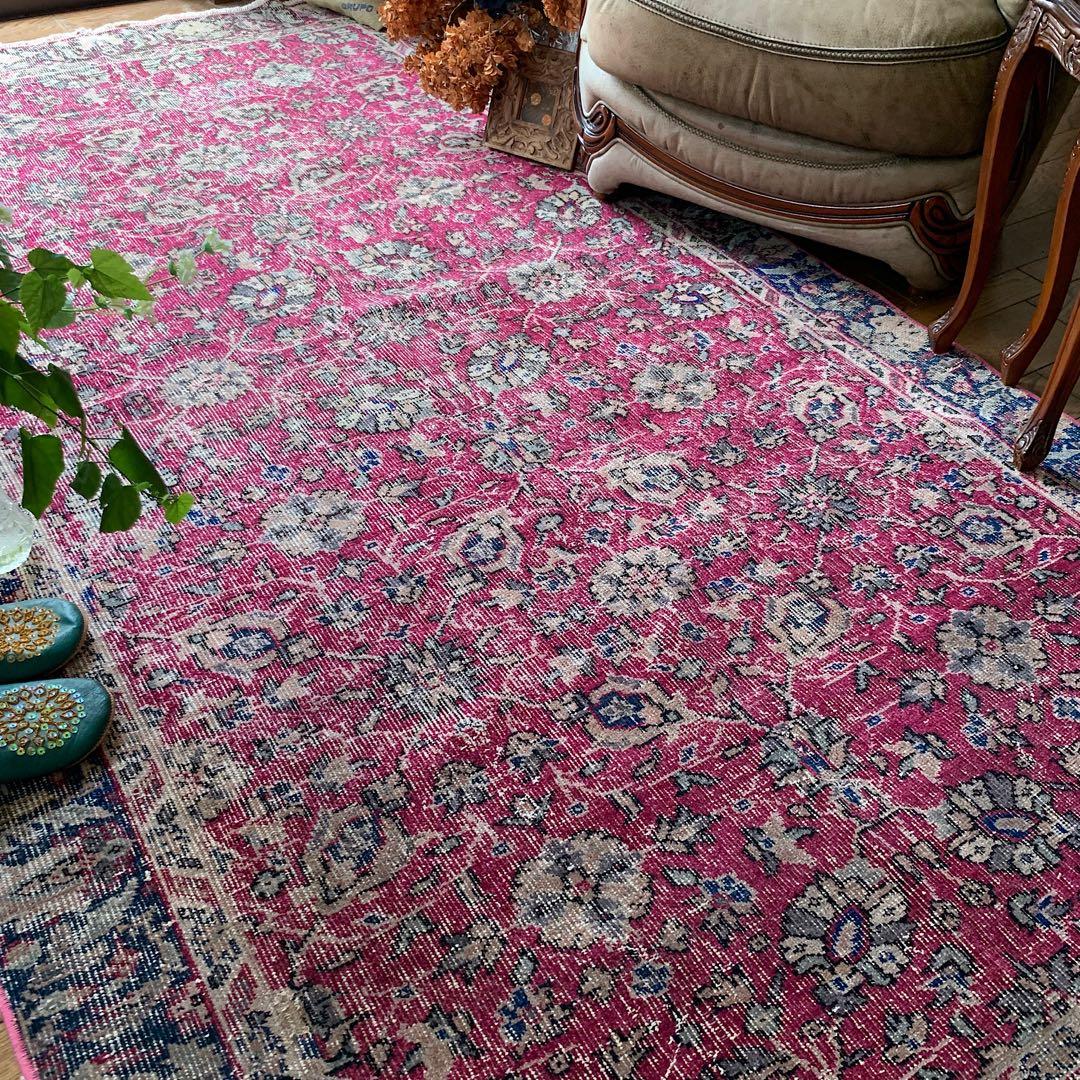超大判　トルコヴィンテージラグ　チェリーピンク　255×134 トルコラグ