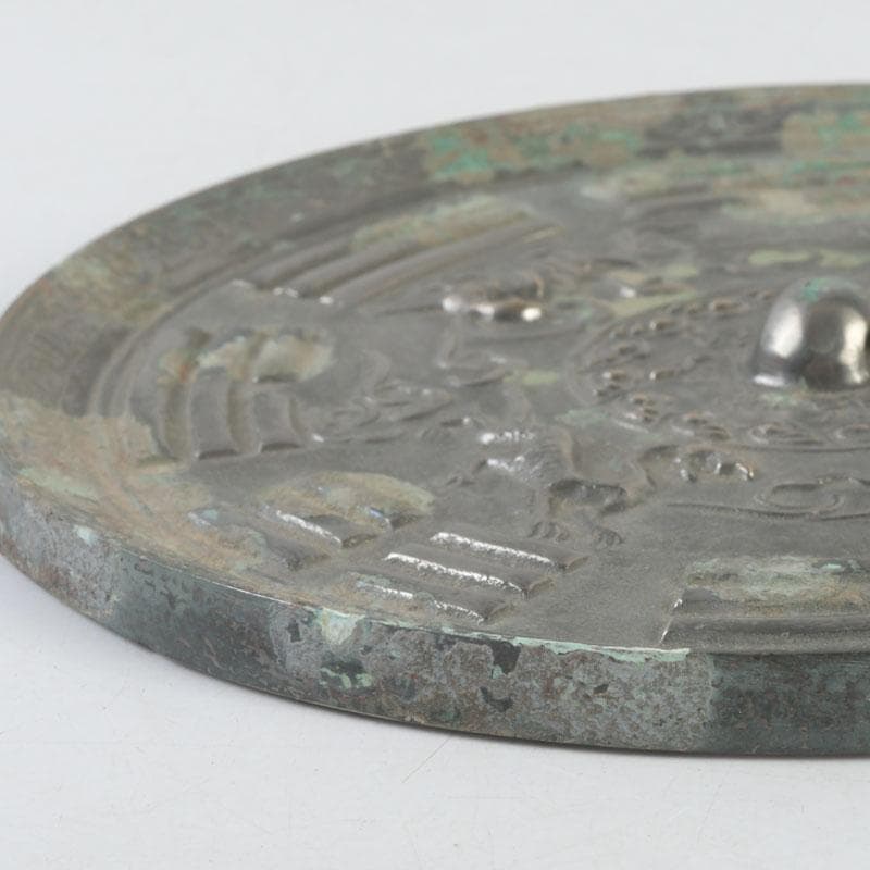 中国　古銅青銅　神獣文　銅鏡　古鏡　紙鎮　文鎮　時代箱付　M　9273E