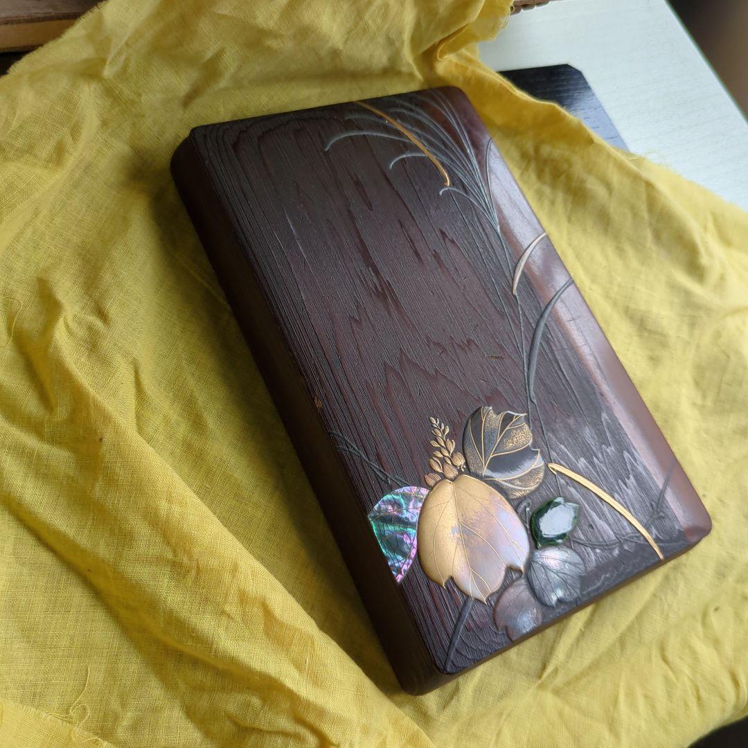 硯箱 桐の花 すすき 蒔絵 螺鈿 陶器 木製 桐 硯、水滴 筆置付 木箱 書