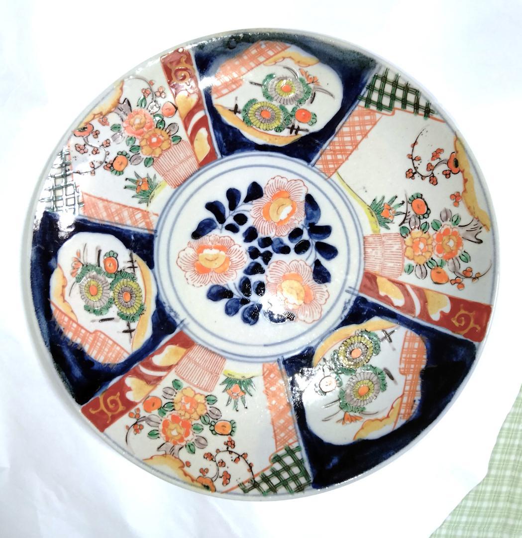 大皿 『椿・菊・梅 (中央丸・周囲六面)』 古伊万里 Aa-110