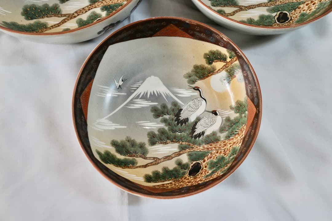 古九谷 九谷焼 三ツ鉢 三ツ丼 三重鉢 重ね鉢 深鉢 鶴松図 富士 色絵