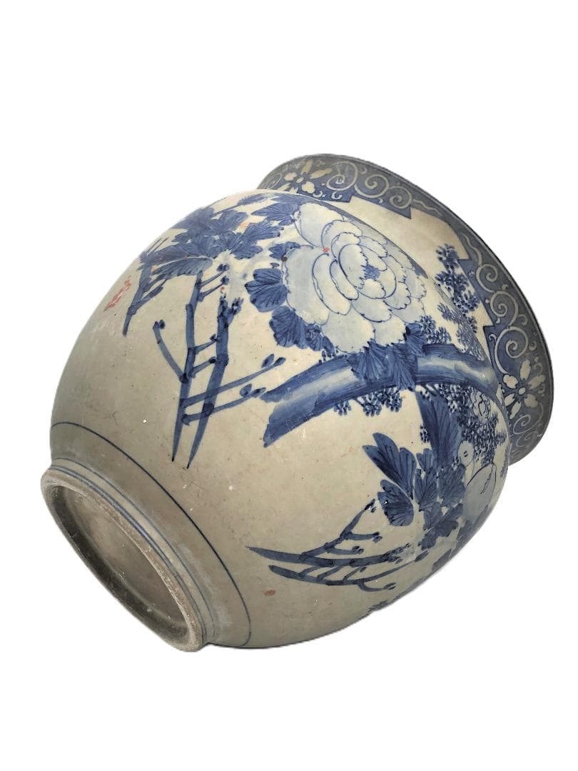 【 瀬戸染付草花文水鉢 】　目跡１０個　江戸期瀬戸焼