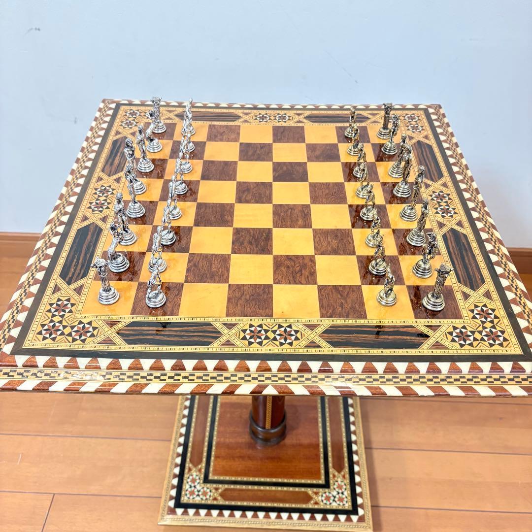 【希少レトロ・駒付属】アンティーク調 インテリア チェステーブル＆駒セット