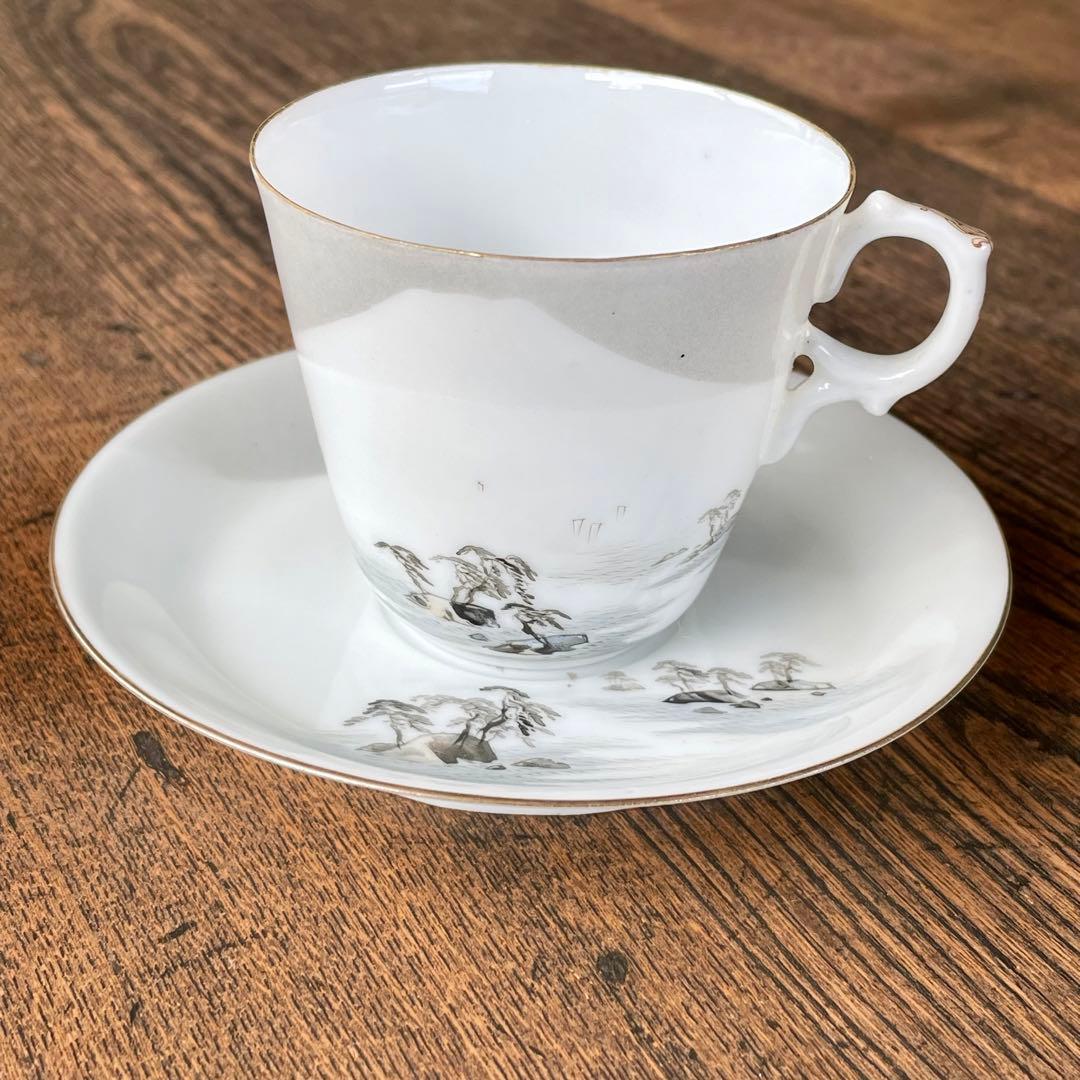 横浜焼 井村製 明治時代 輸出手 アンティーク カップ＆ソーサー 1客  冬の海