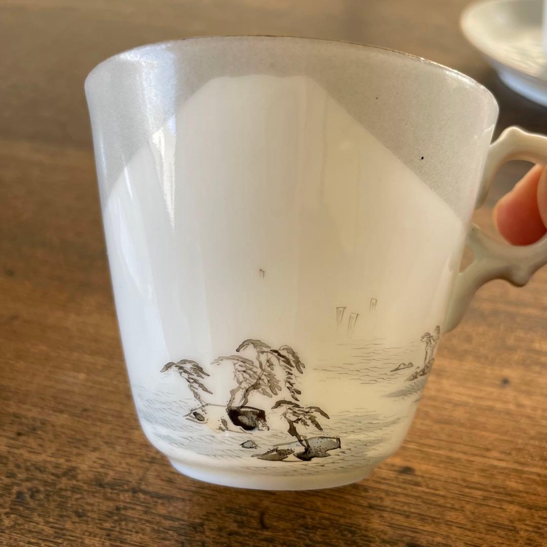 横浜焼 井村製 明治時代 輸出手 アンティーク カップ＆ソーサー 1客  冬の海