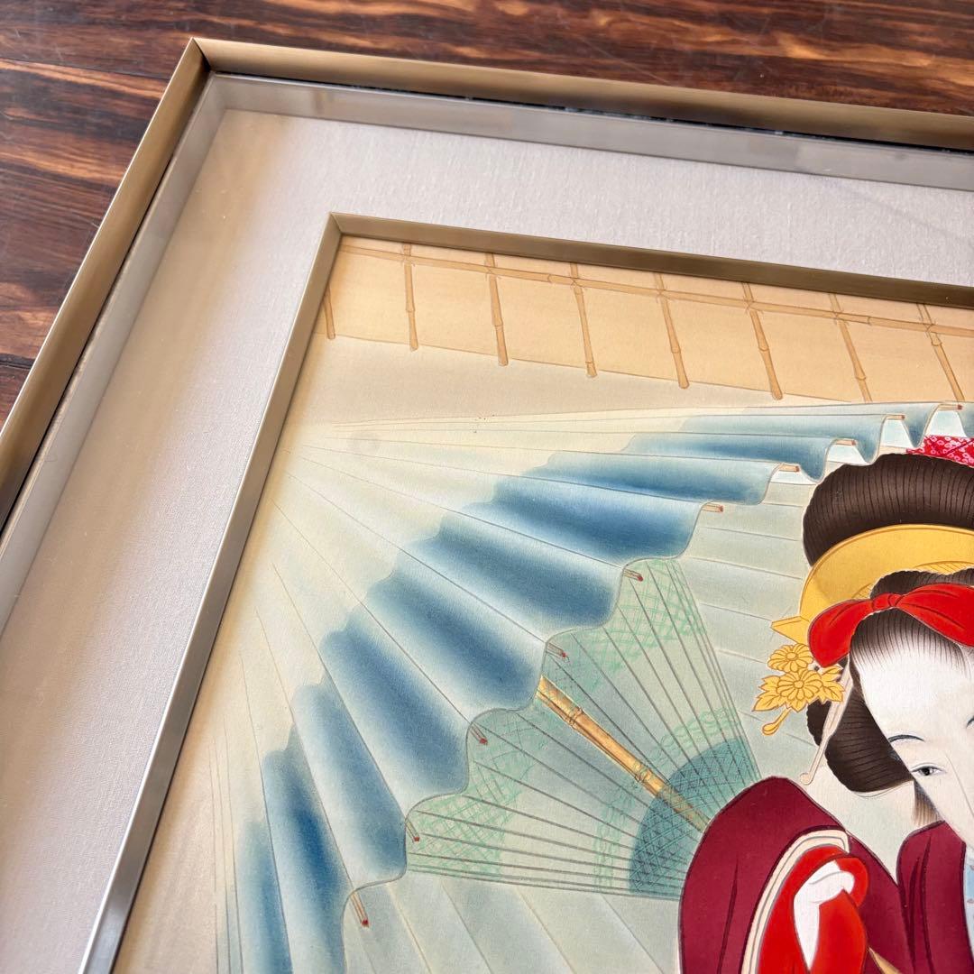 堀江浮水 (堀江豊生) 肉筆「雨乃日」額装 美人画 日本画 A