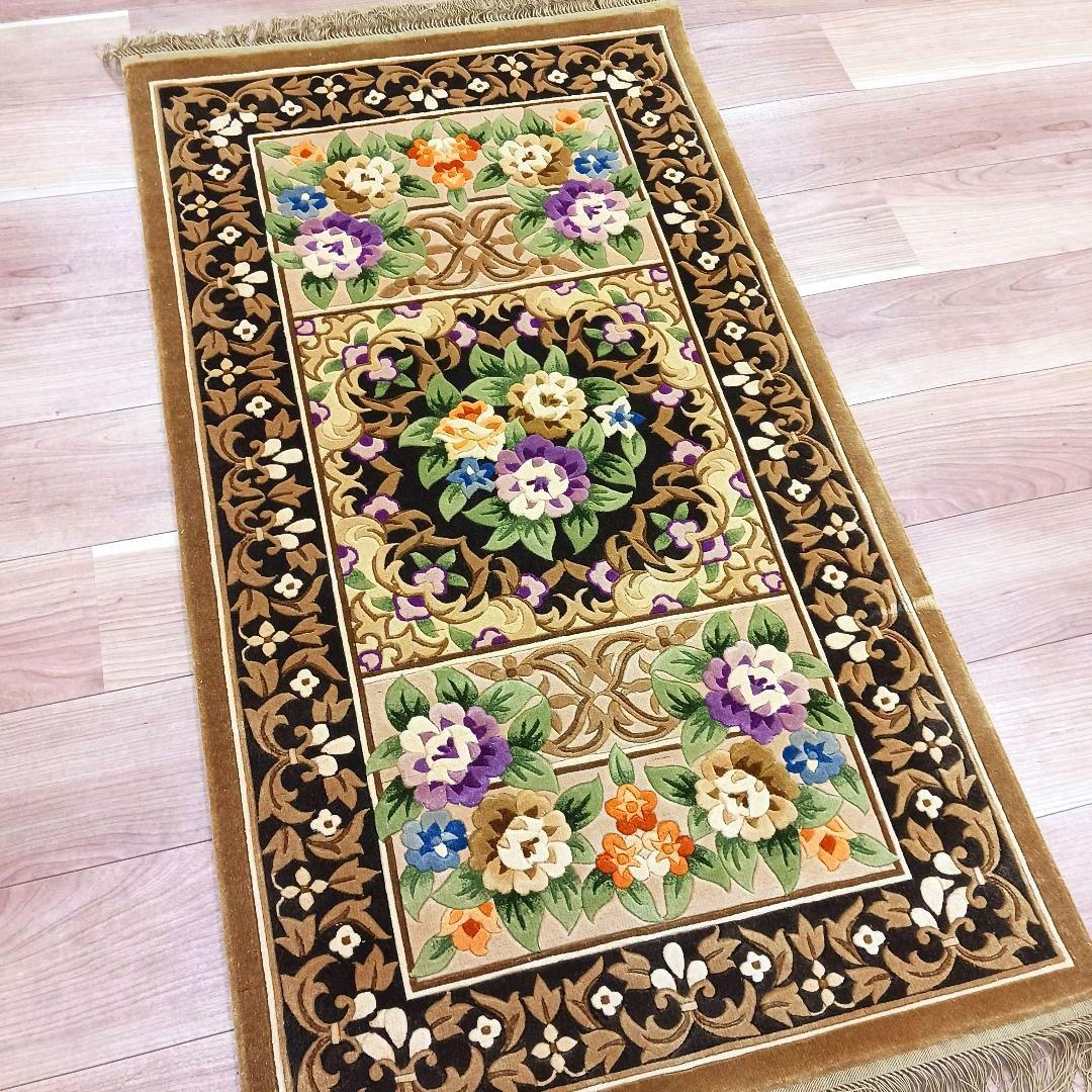 専用Y3140 中国段通 シルク100% 手織り ハンドカット 123×70㎝