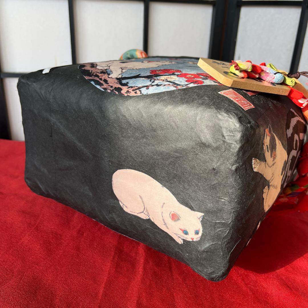 梅と猫 一閑張り バッグ かごバッグ ハンドバッグ 和猫 浮世絵 和柄 市場かご