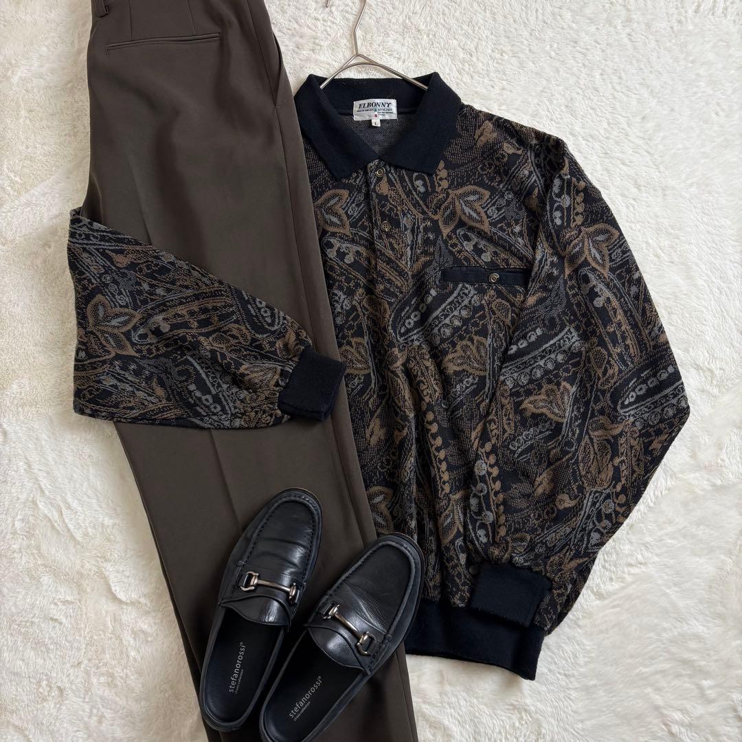 ポロニット　幾何学模様　ボタニカル　総柄　ハーフボタン　襟袖裾切替　レトロ　古着