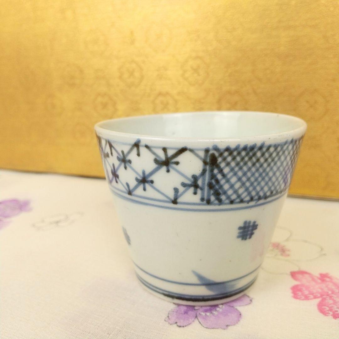【お値下げしました！】古伊万里　そば猪口　染付　市松格子文