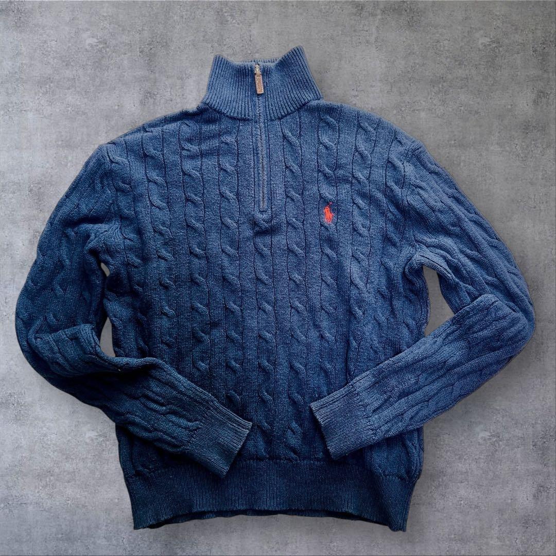 ラルフローレン ケーブルニットセーター ハーフジップ 男女兼用 S ネイビー