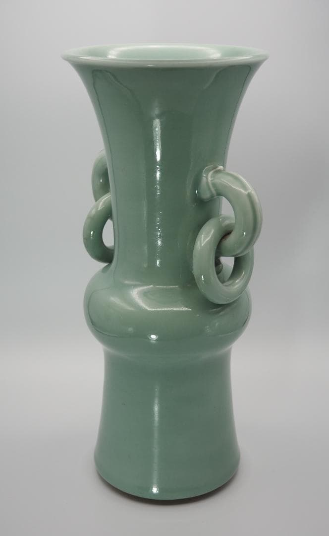 二代  宮川香山 真葛香山作 青磁釉 遊環耳付 花瓶 真葛香斎識箱付