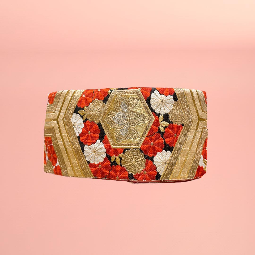 黒赤金花刺繍帯 サッシュベルト W65〜95cm 着物リメイク J80103