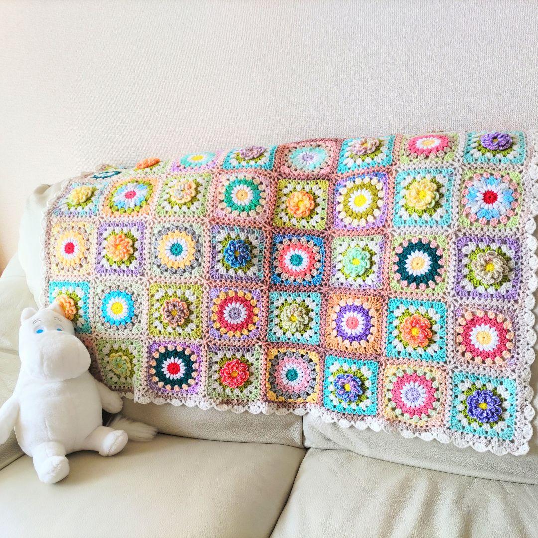 手編みブランケット★お花とおひさまグラニー★グラニースクエア★かぎ針編み