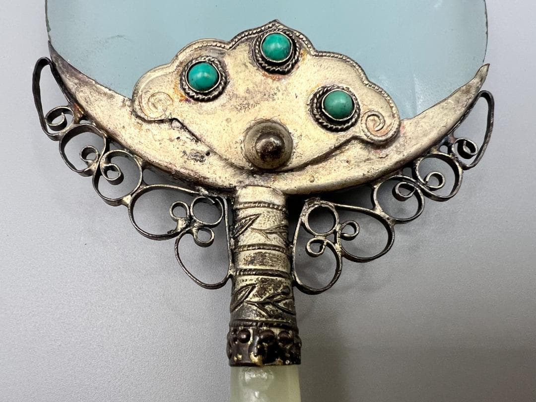 1900年代 ジェイドストーン ハンドル & シルバー フィリグリー 拡大鏡