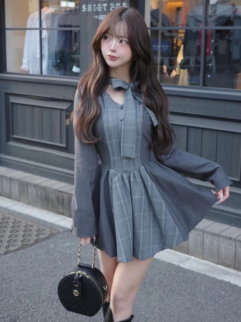 新品 Darich ダーリッチ　チェックストライプバルーンミニワンピース