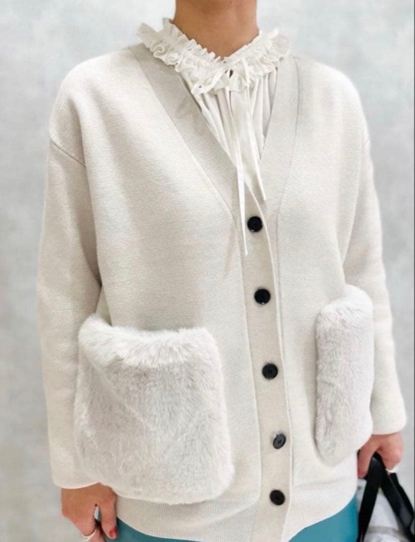 ウールポリエステルミラノリブ ファーポケットカーディガン