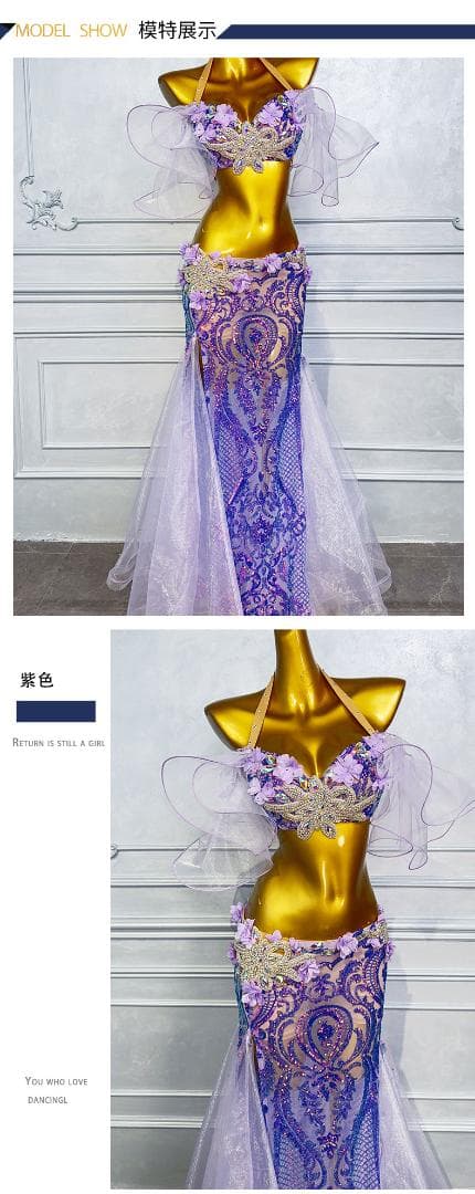 ベリーダンス衣装 ビジュー ブルー×パープル舞台用 ロングスカートセット