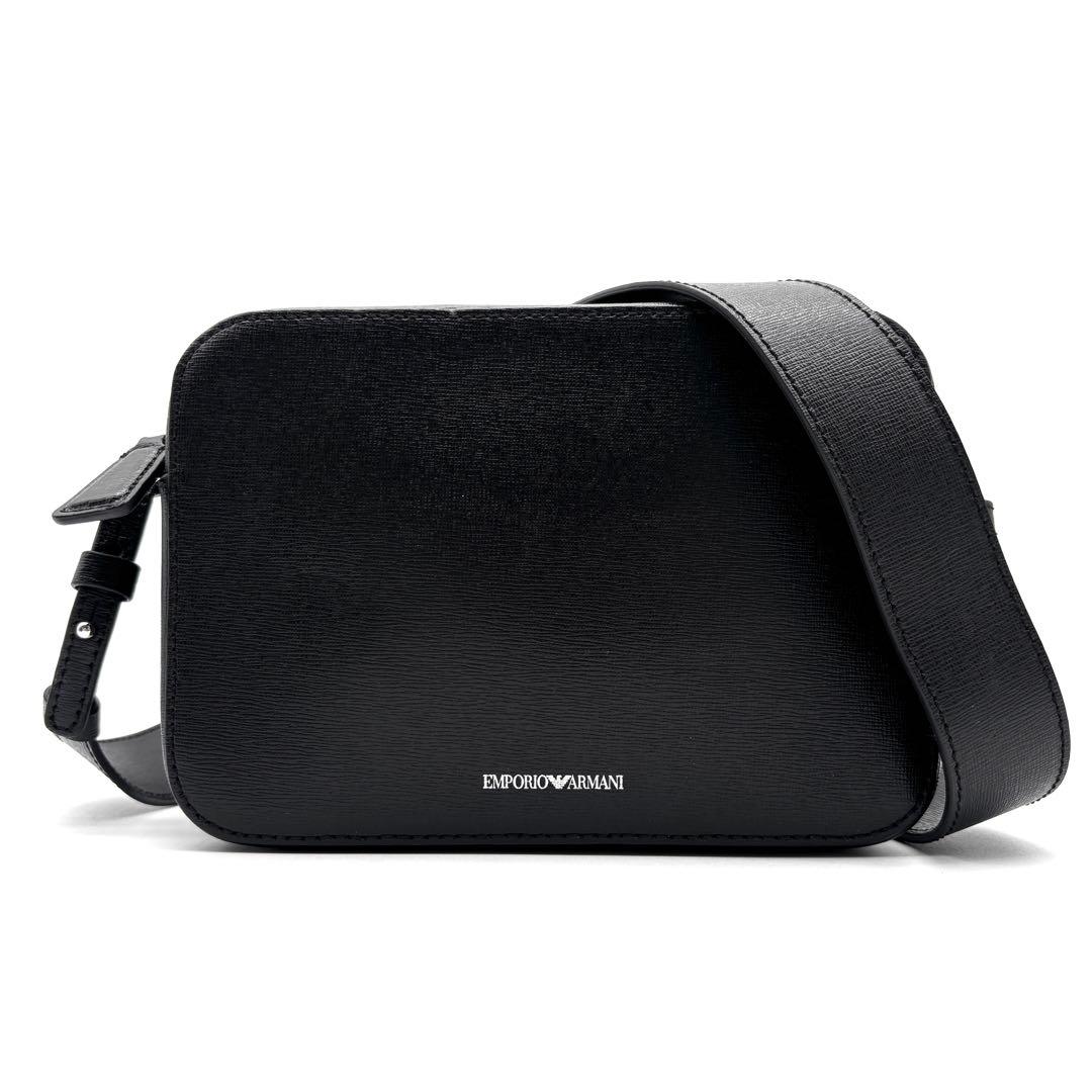 未使用に近い エンポリオアルマーニ ショルダーバッグ ロゴ レザー 斜め掛け 黒