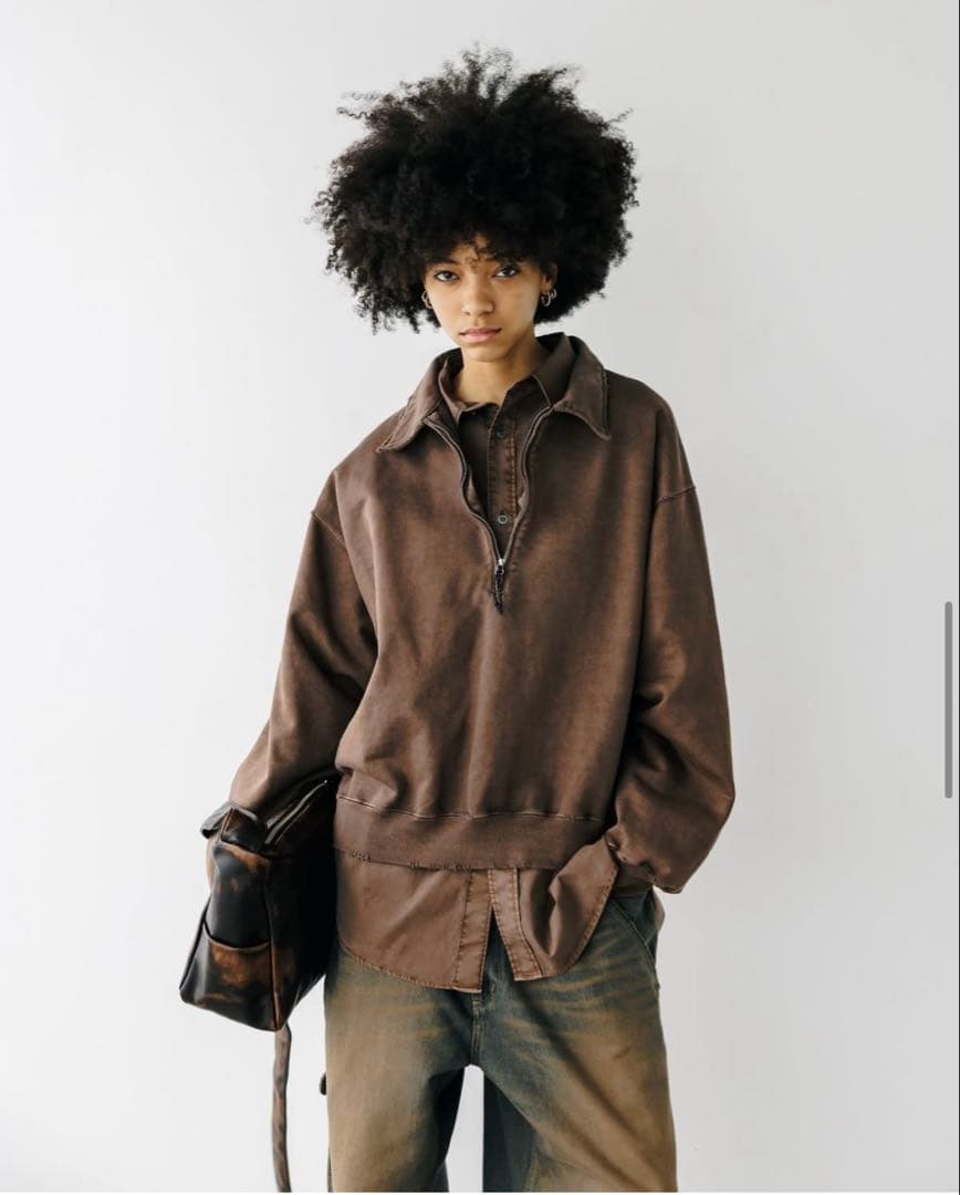 トップス CLESSTE PIGMENT DYED ZIP POLO BROWN