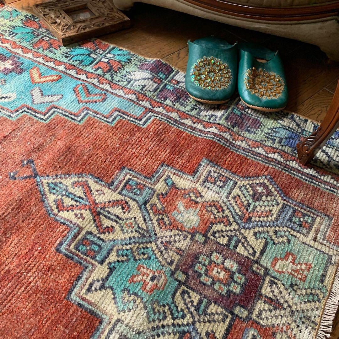 レトロブルー　テラコッタ98×62 メダリオン　トルコヴィンテージラグ