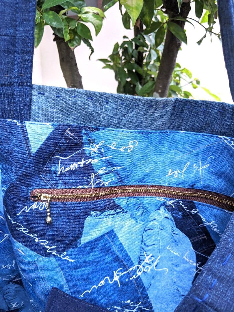 古布リメイクバッグ／襤褸／藍染／刺し子／大きめバッグ／パッチワーク／ショルダー